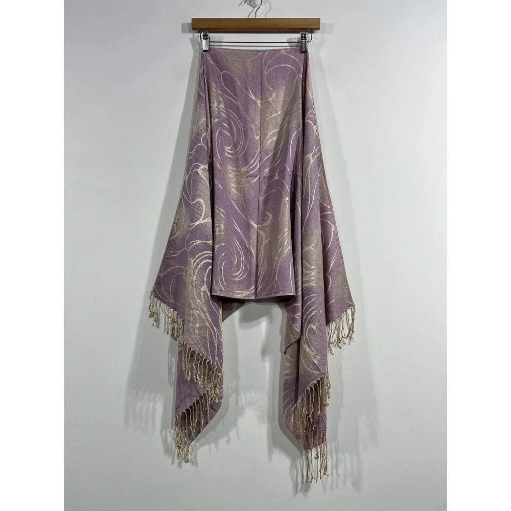 Womens Y2K 100% Cashmere Shawl Lavender Fairy Grunge Gold Jacquard Fringe Scarf